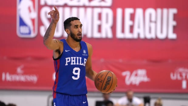 Jul 16, 2022; Las Vegas, NV, USA; Philadelphia 76ers guard Trevelin Queen (9) dribbles against the Chicago Bulls during an NBA Summer League game at Cox Pavillion.